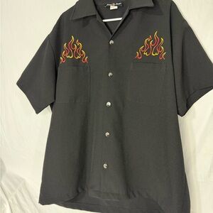 Johnny Suede Flame Embroidered Pocket Black Button-Up Shirt Men’s MADE IN USA